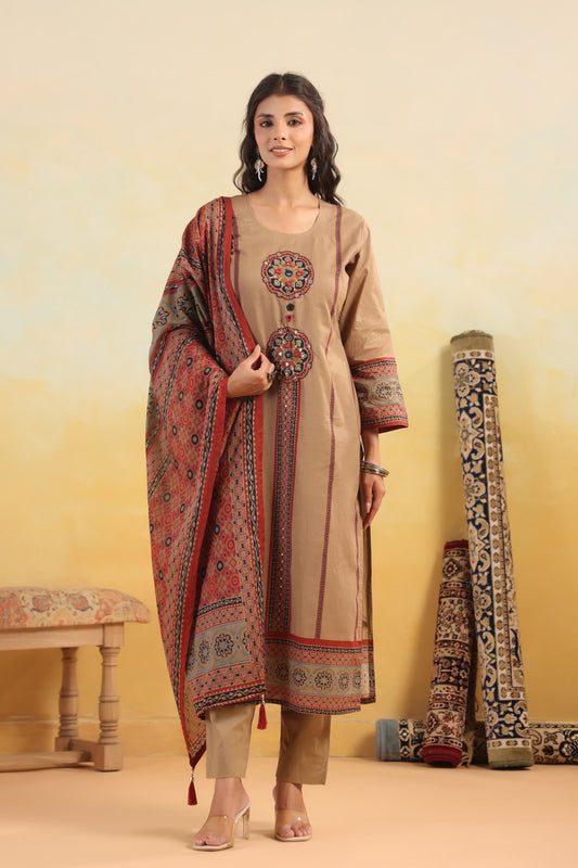 Pure cotton with Ajrakh dupatta three piece set (S161)