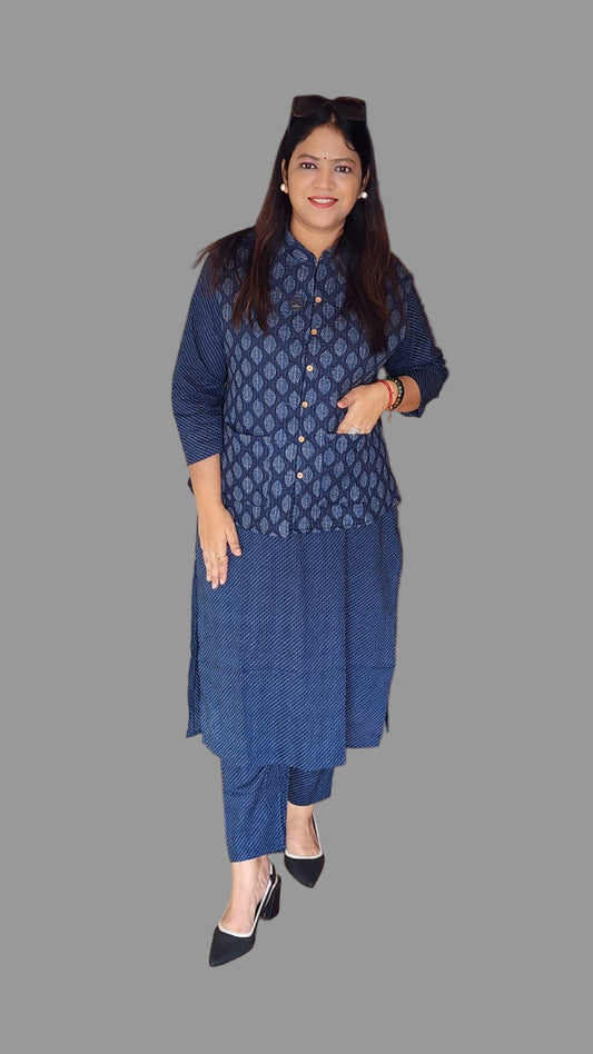 Pure cotton block print with quilted jacket three piece set    (A1248)