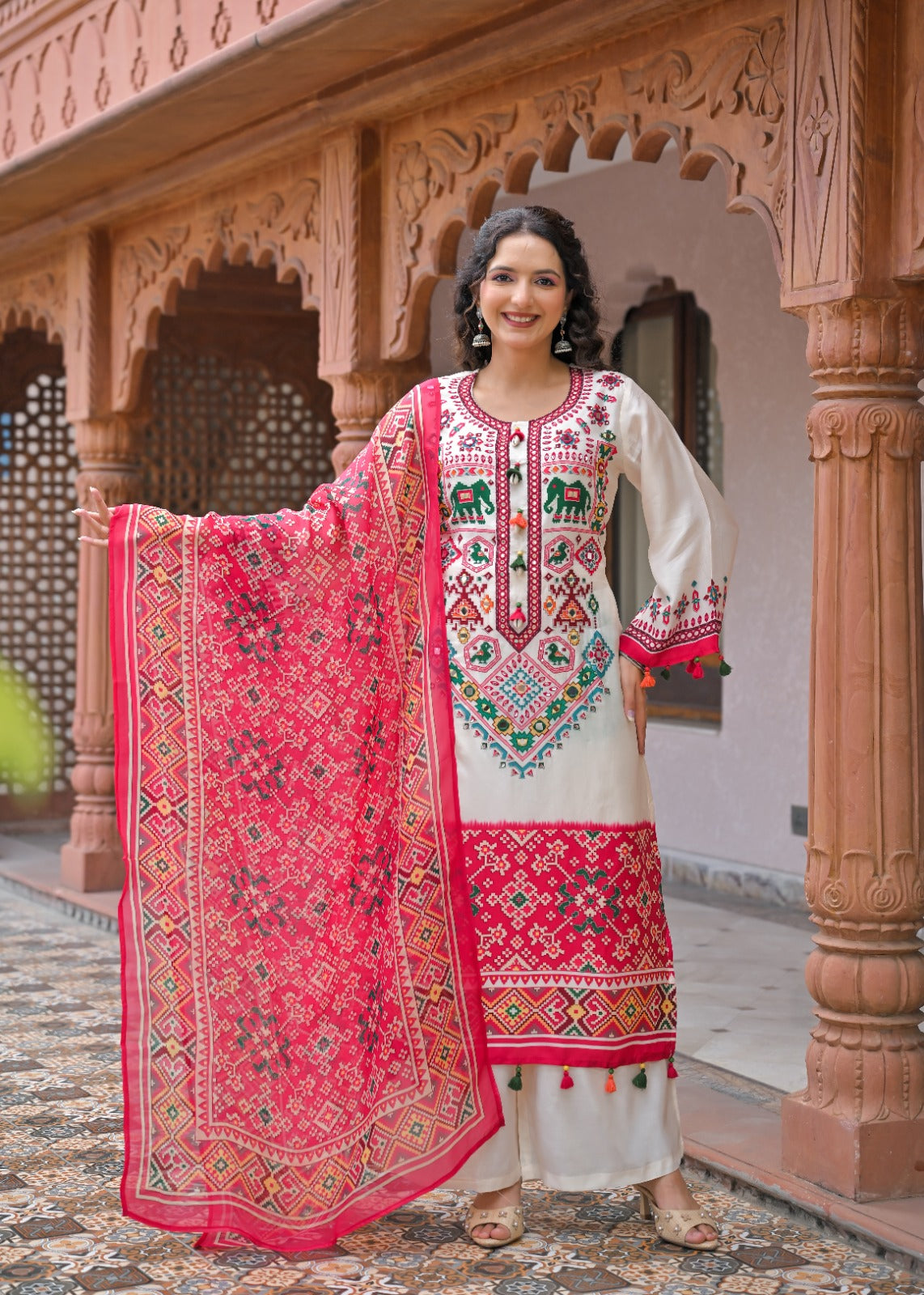 Pure Russian silk patola print with lining smart three piece set (C714)