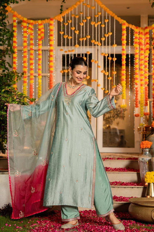 Blue pure dola silk three piece set (A1097)