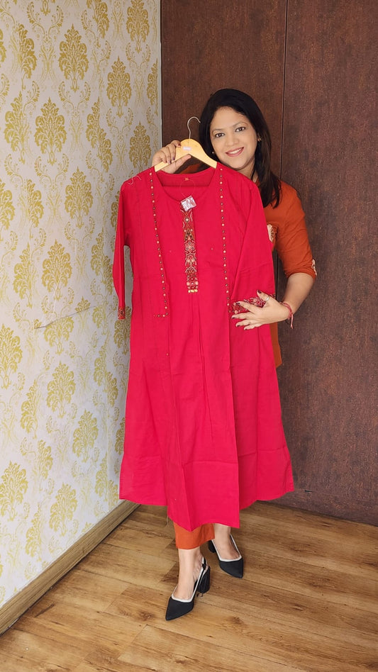 Bright pink pure cotton fully embroidered sleeves two piece set (P1890)