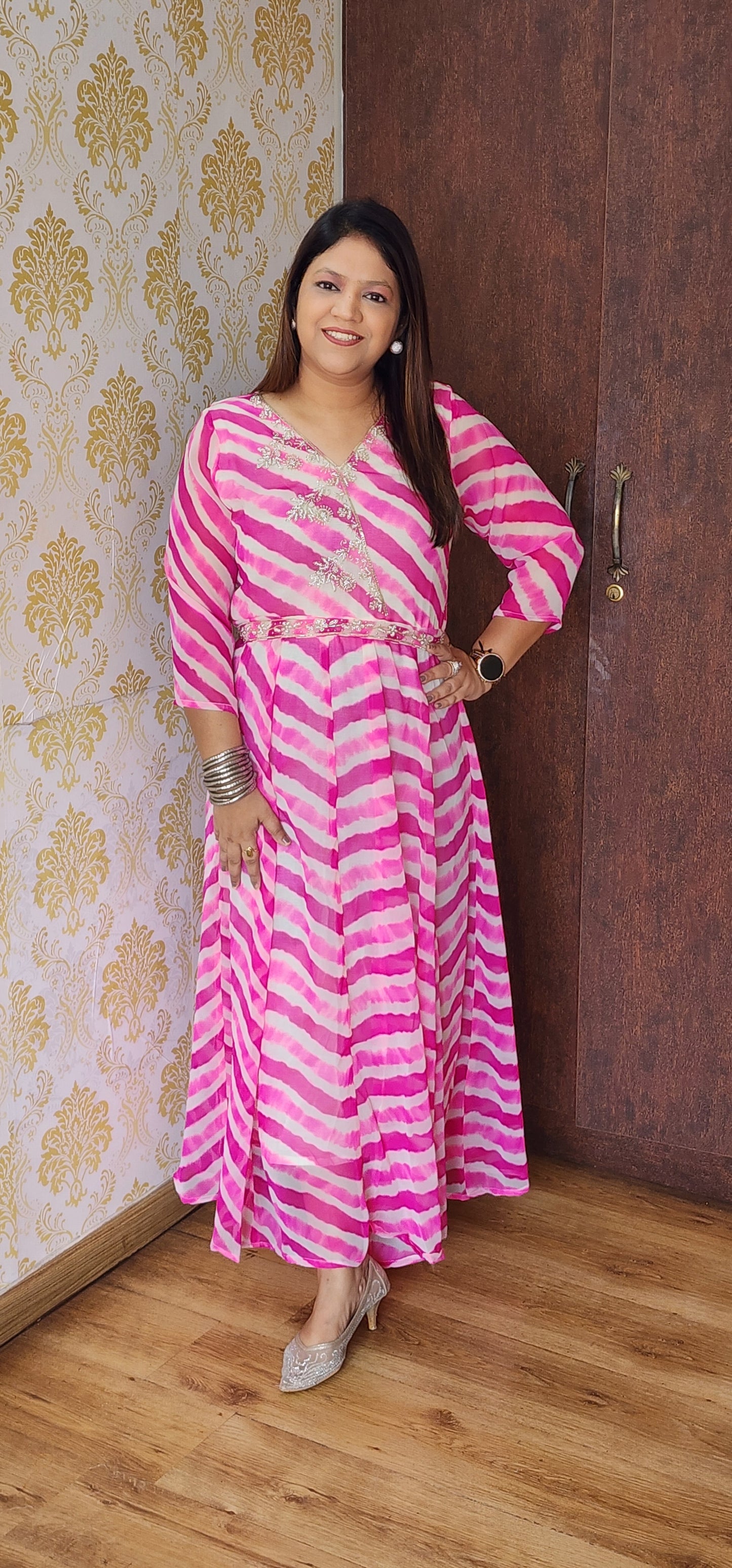 Pink lehriya one piece gown (P316)