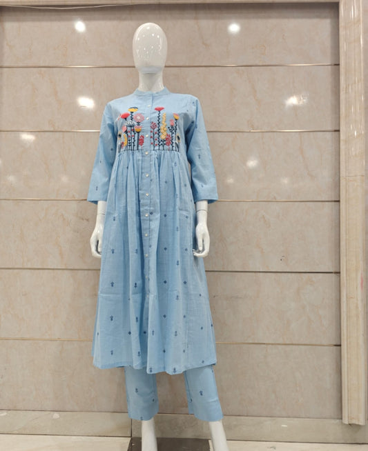 Pure cotton A line Fully embroidered on neck line with deep mobile pocket two piece cordset (B433)