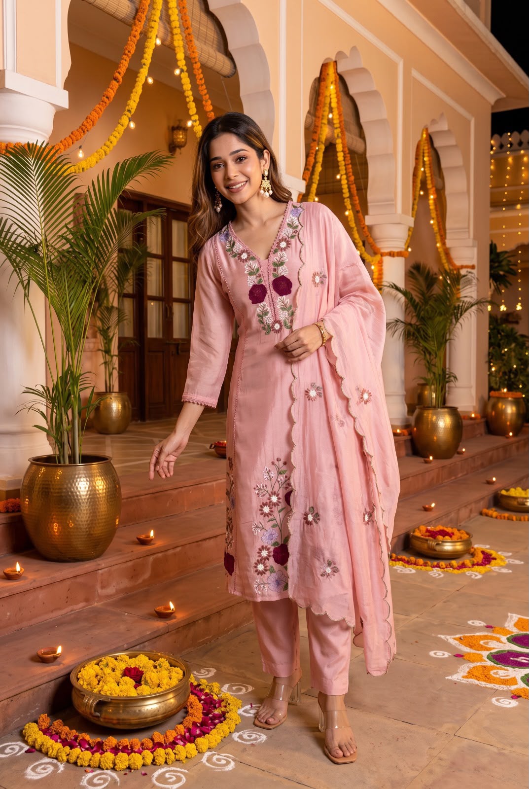 Pure mul chanderi with 3d flowers thread embroidery three piece set (S411)