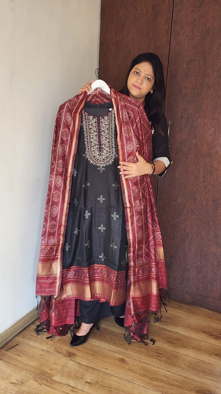 Pure jamdani with hand work and silk dupatta three piece set (A1673)