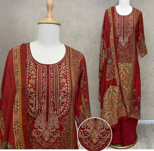 Mahroon pure silk three piece set  (A1047)