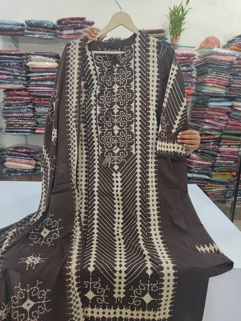 Brown pure cotton placement print three piece set (B345)