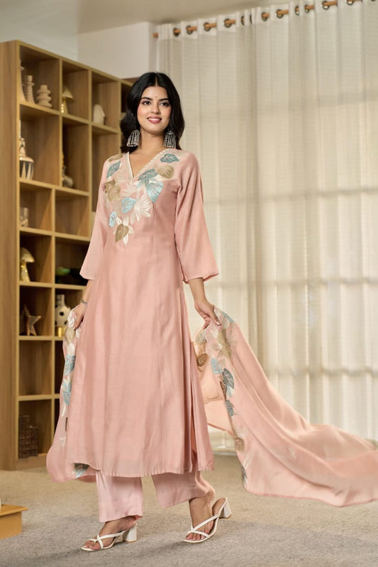 Nude pink pure mul chanderi designer three piece set (A111)