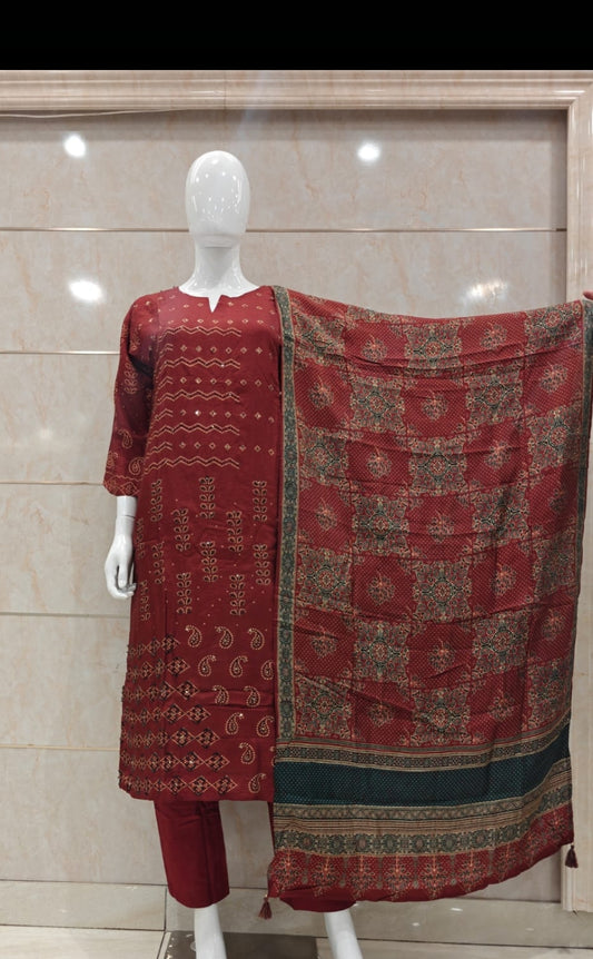 Pure chanderi silk with katha work three piece set (A1980)