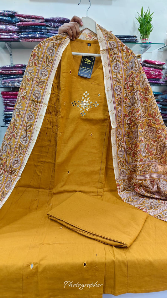 Pure cotton Angrakha pattern with kalamkari dupatta three piece set (A1024)