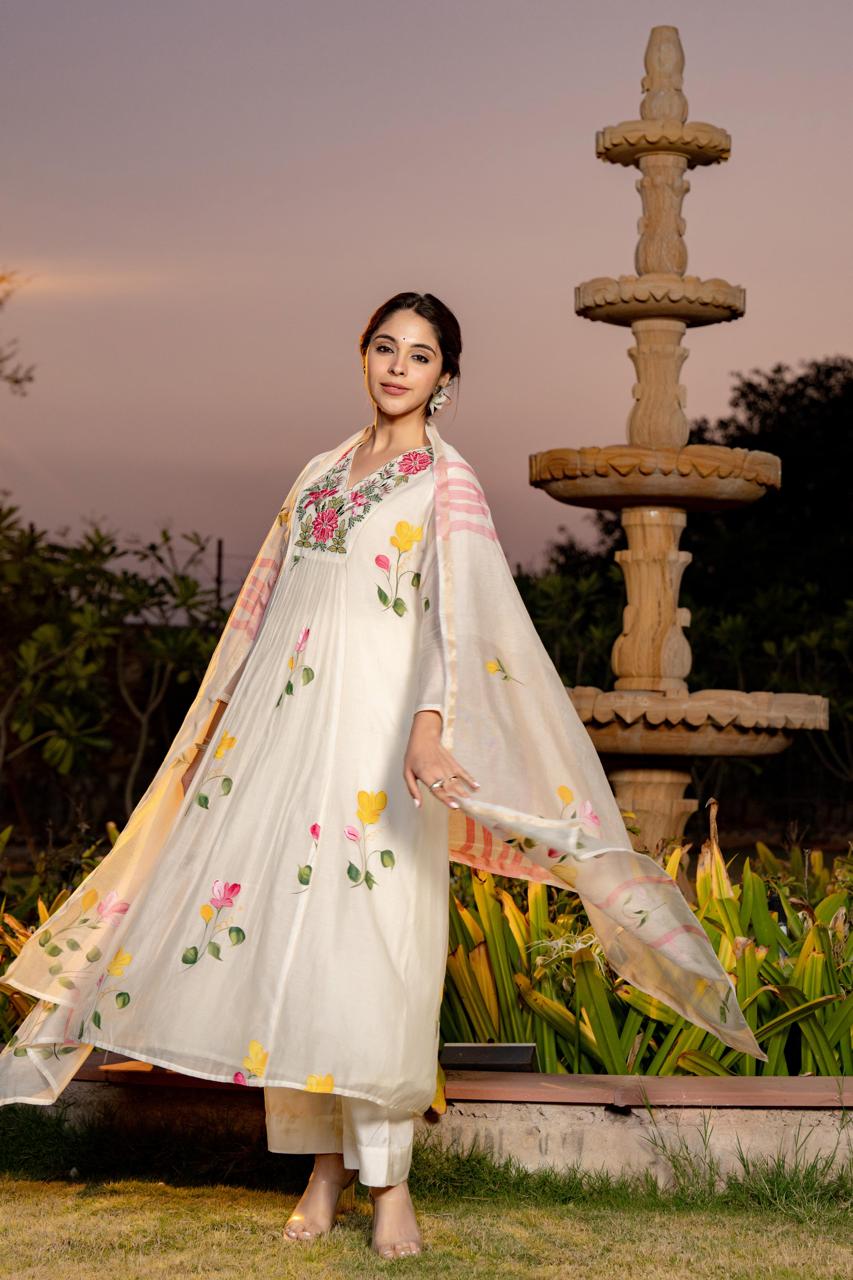 White pure mul chanderi with full thread embroidery on neck line designer three piece set (P1896)