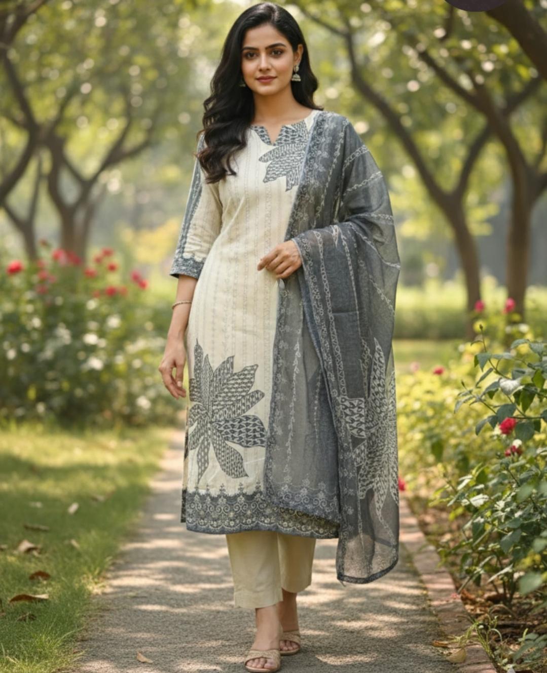 Linen with lining chanderi dupatta three piece set (A1862)