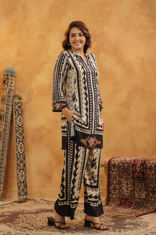 Black with off white cotton modal two piece cordset (A637)