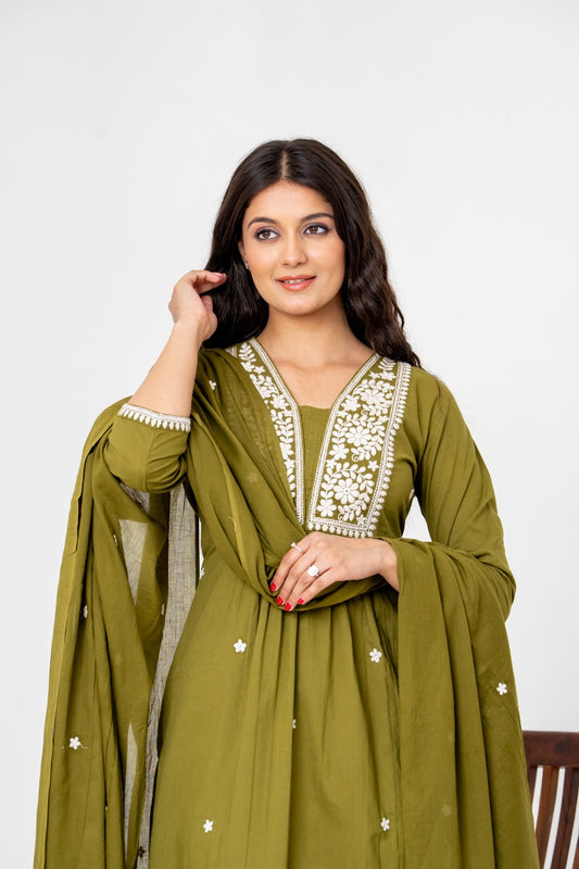 Green pure cotton fully chikankari three piece set (P2352)