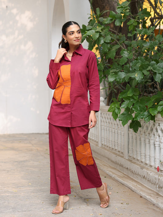 Wine pure cotton with applique work two piece cordset (A362)