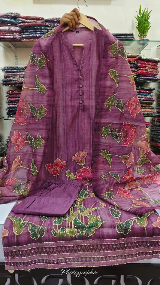 Purple chanderi fully katha work three piece set (A993)