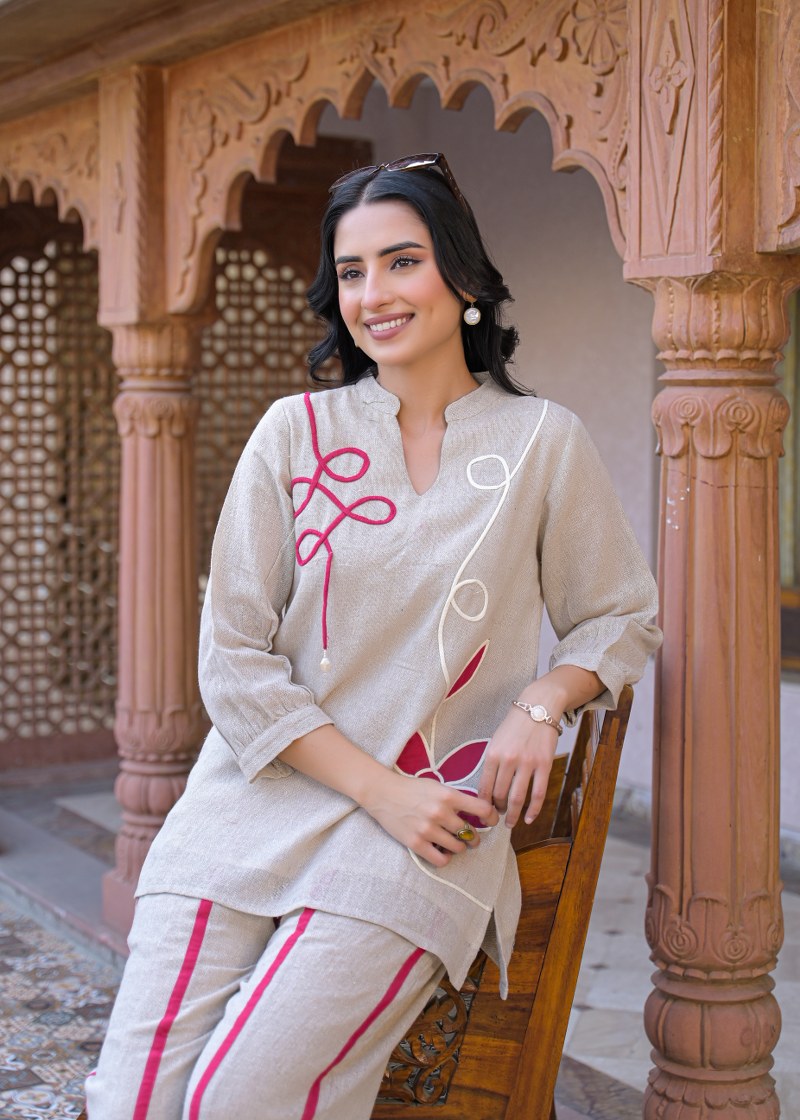 Jute linen with mul lining full dori work smart two piece cordset (B907)