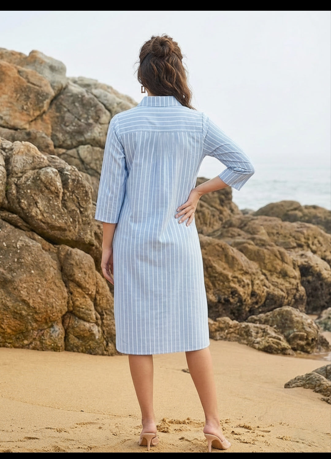 Cotton linen with thread work smart one piece dress (S210)