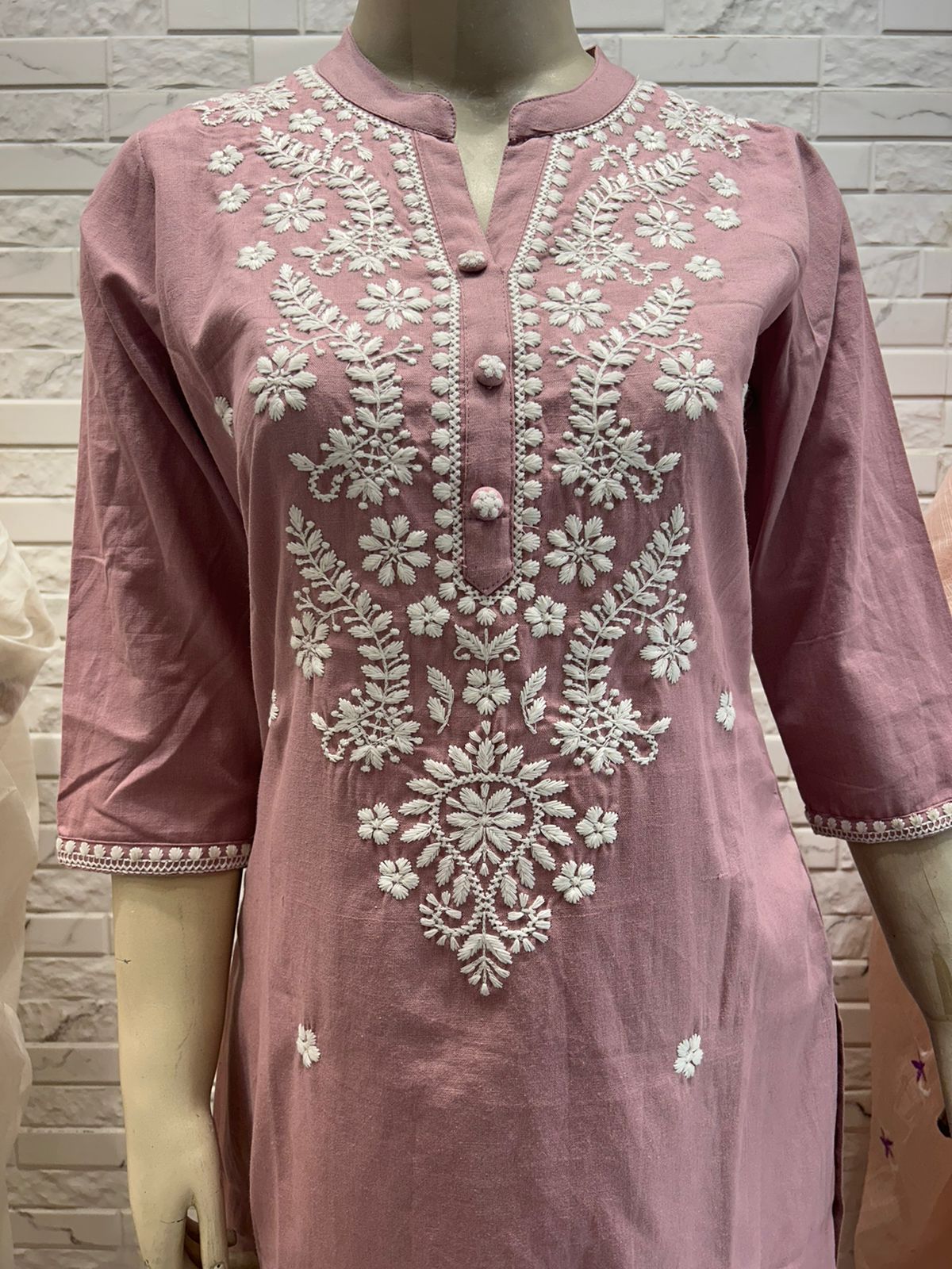 Pink cotton linen with full chikankari embroidery two piece cordset (P501)