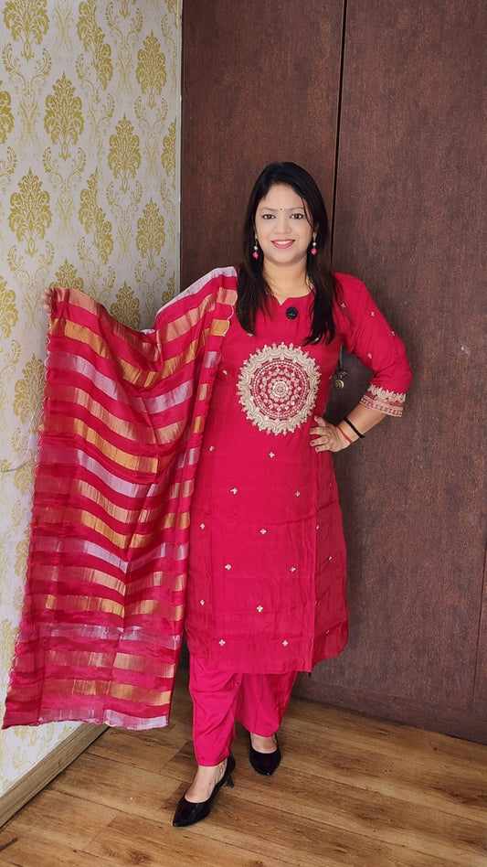Pink pure muslin silk with tissue dupatta three piece set (A894)