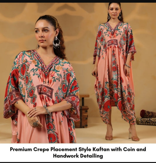 Peaches pink pure crape digital print kaftan (A686)
