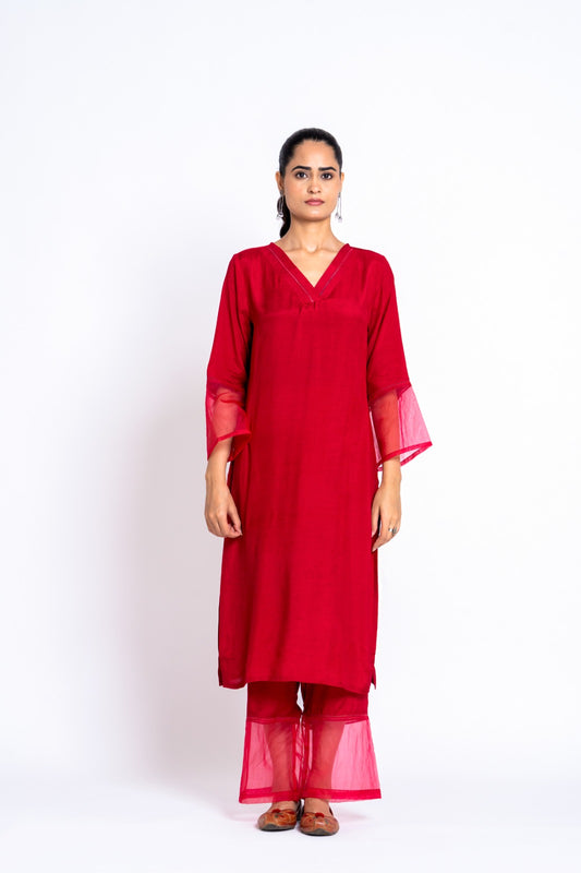 Red pure mul silk soild color two piece cordset (T104)