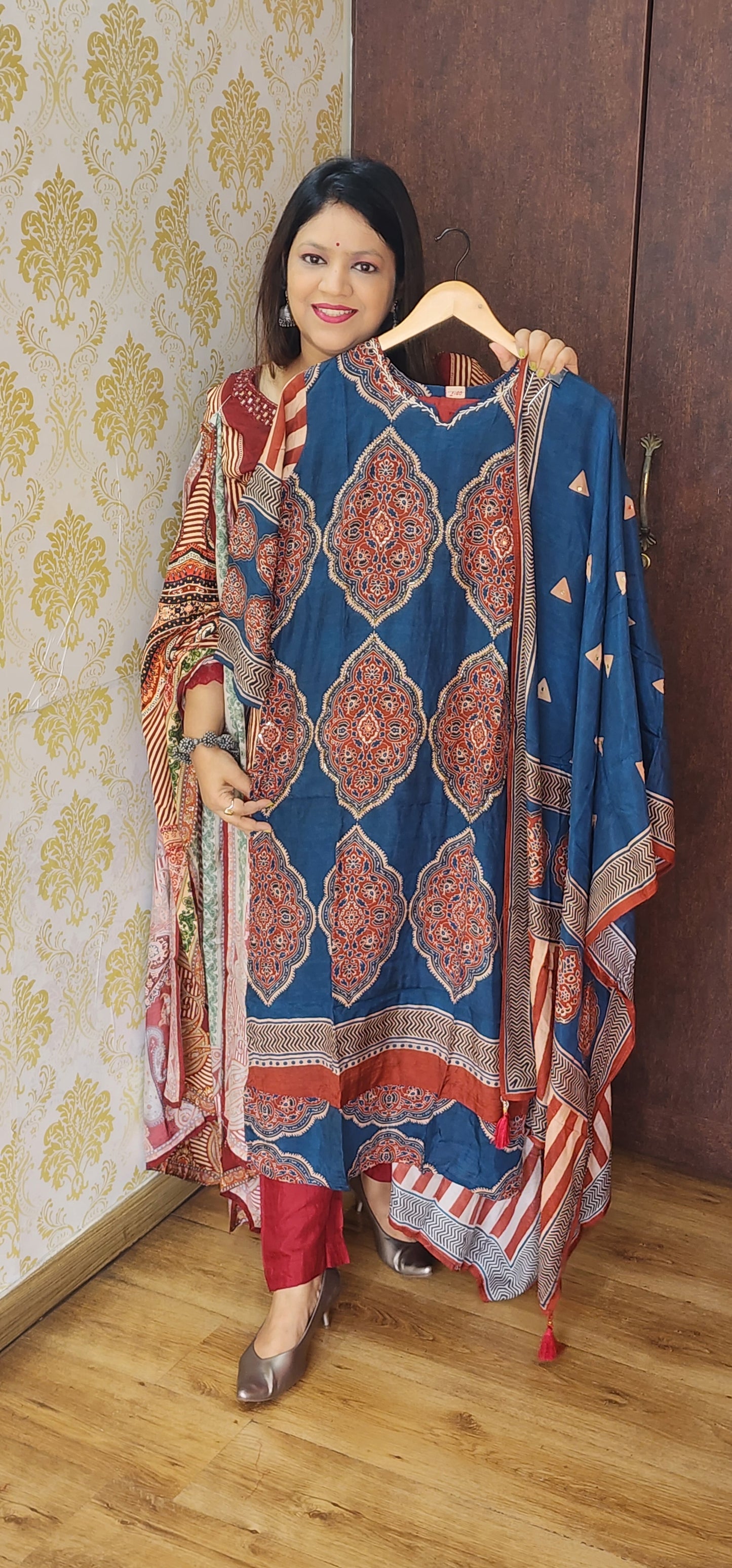 Blue ajrakh print designer pure silk three piece set (P773)