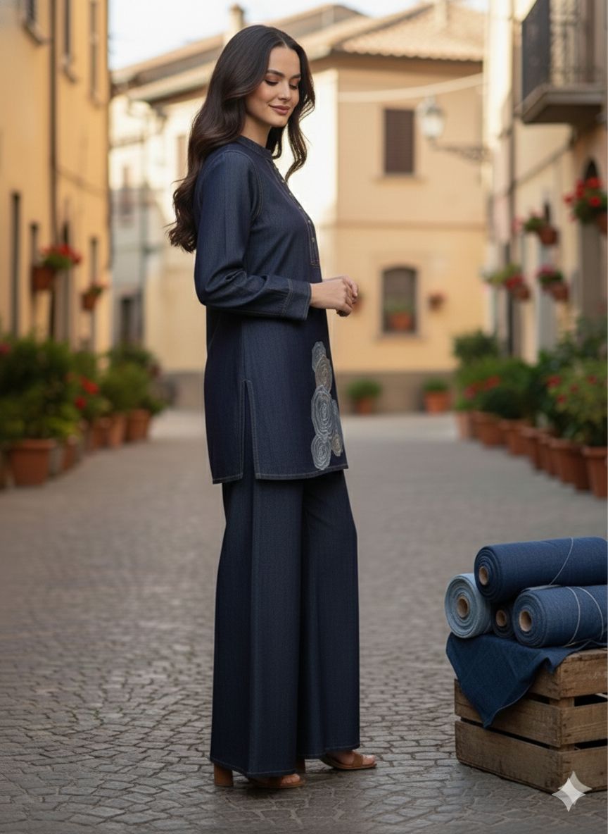 Soft denim with thread applique work smart two piece cordset (A1522)