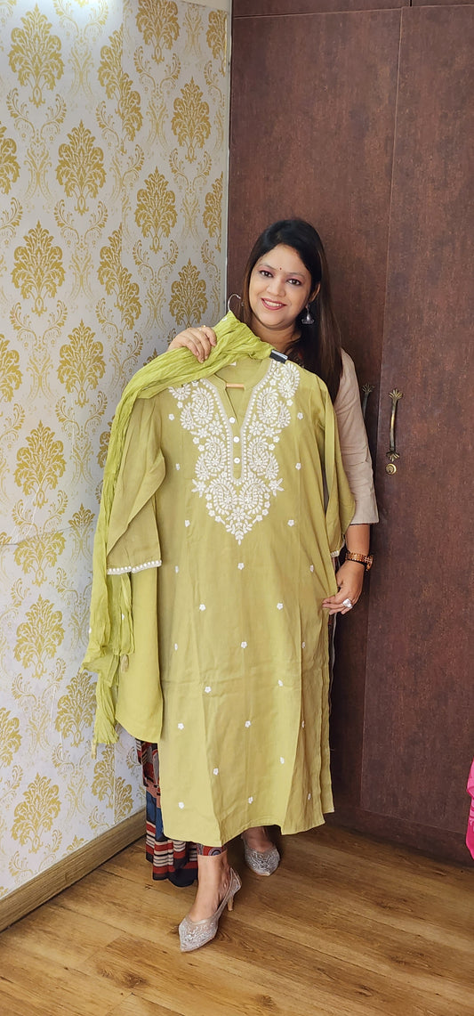 Mehndai green chikankari three piece set (P415)