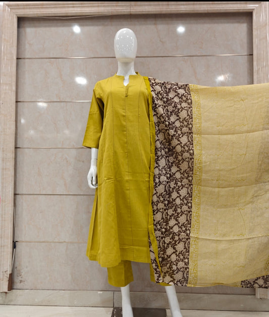Cotton with original block print duptta three piece set (A1997)