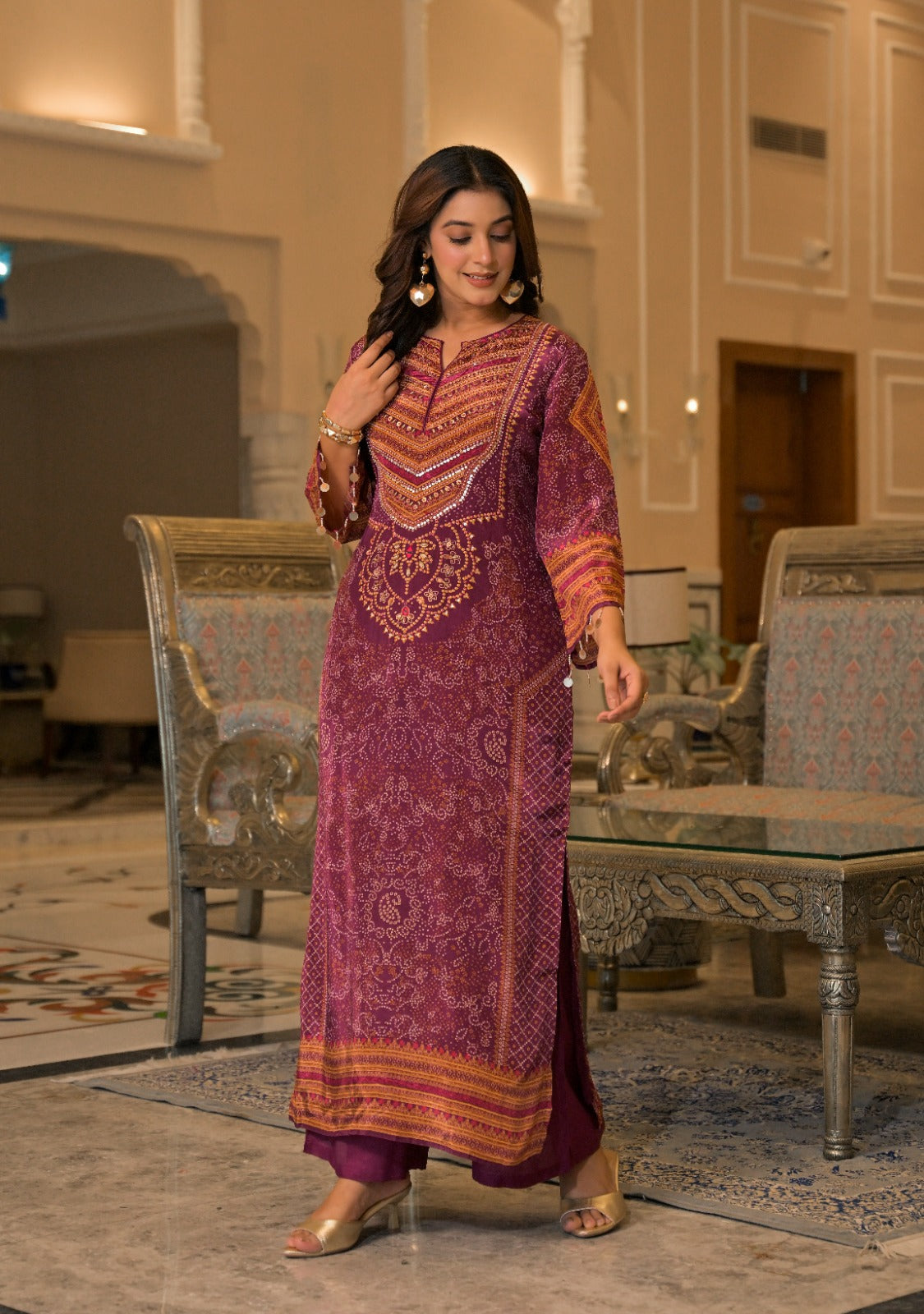 Natural crape with lining pakistani pattern two piece cordset length 54 inch (S305)
