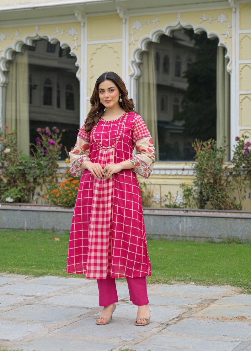 Pink mul cotton with lining A line pattern smart two piece set (S134)