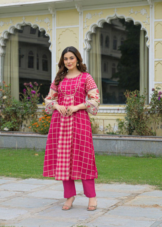 Pink mul cotton with lining A line pattern smart two piece set (S134)