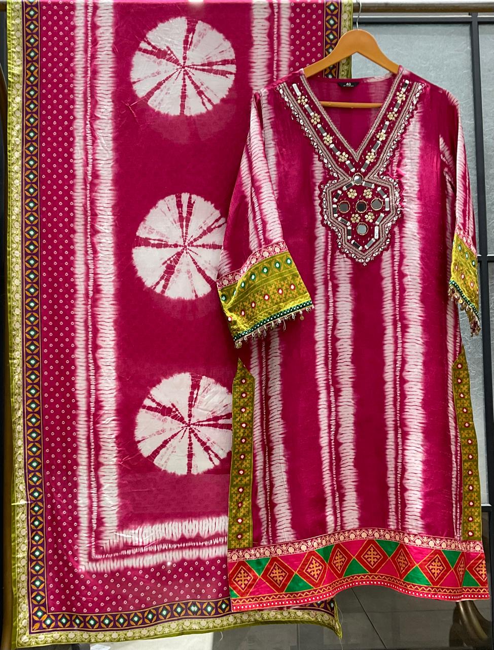 Russian silk with lining real mirror work three piece set (C466)