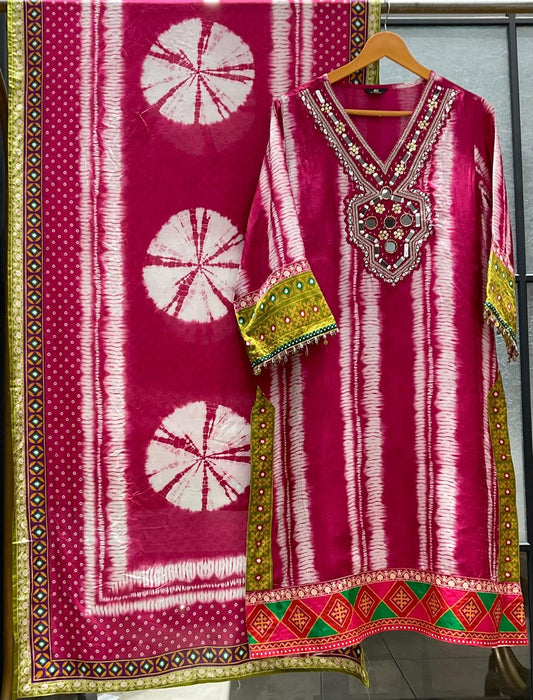 Russian silk with lining real mirror work three piece set (C466)