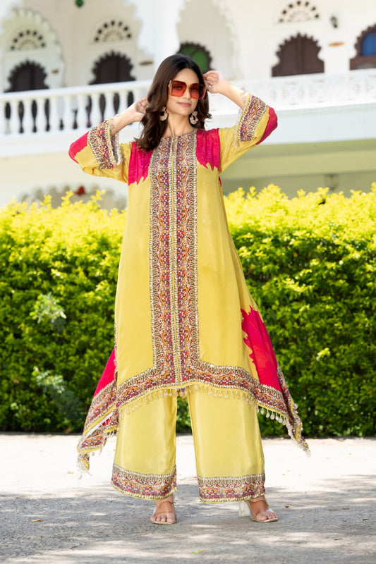 Kaftan style pure crape with crape  pant real mirror work two piece cordset (A639)