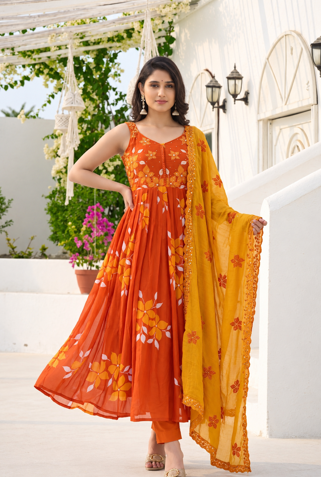 Pure chinnon flared anarkali with additional 3/4 sleeves three piece set (C732)