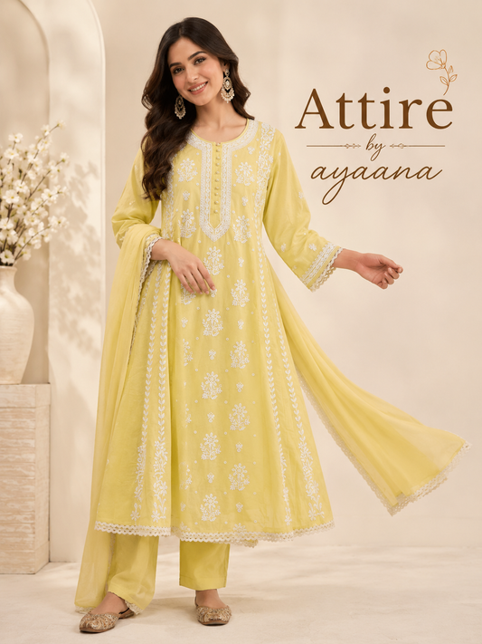 Lime yellow A line cotton with full chikankari three piece set (B1007)