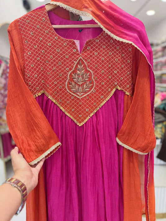 Pure mul chanderi with hand work three piece set (C514)