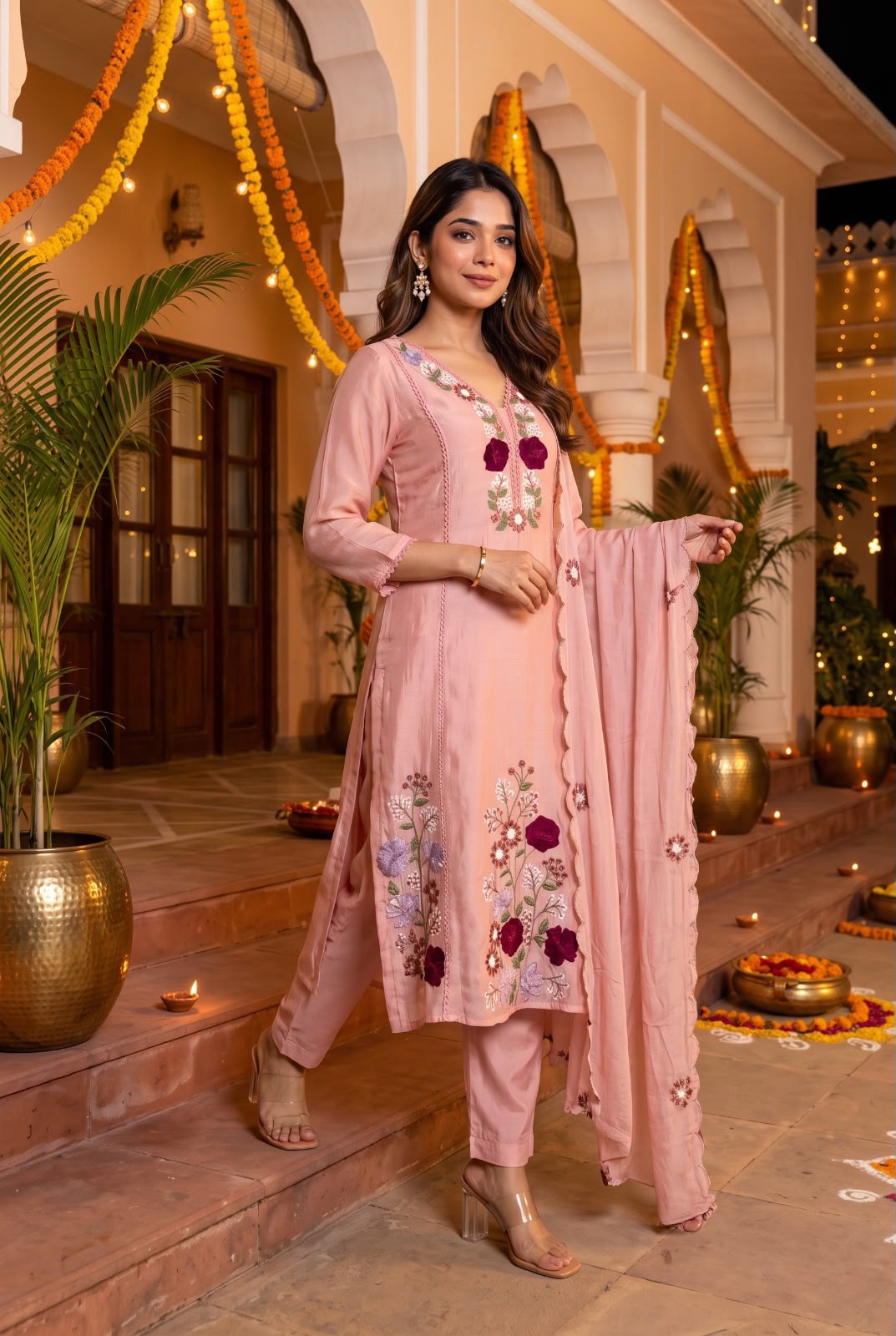 Pure mul chanderi with 3d flowers thread embroidery three piece set (S411)