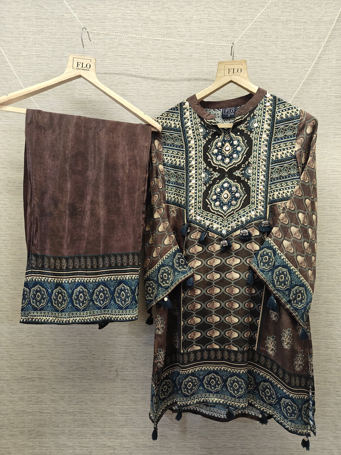 Pure crape Ajrakh print smart two piece cordset (B999)