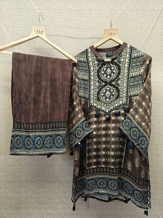 Pure crape Ajrakh print smart two piece cordset (B999)
