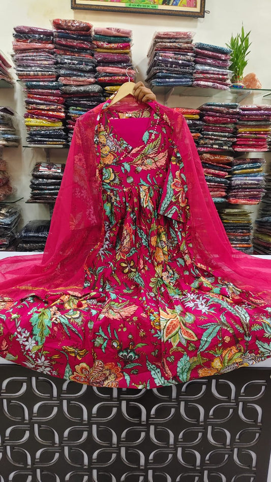 Pink flared cotton anarkali three piece set (A1289)