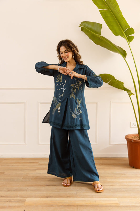 Cotton flex fully embroidered smart two piece cordset (B939)