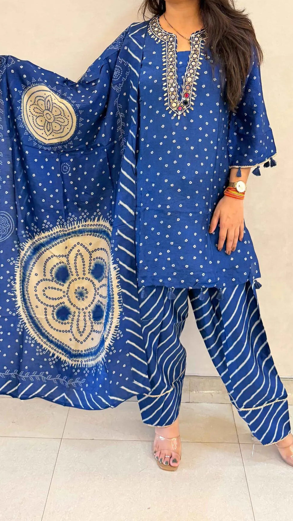 Pure dola silk with heavy neck work and paired with farshi salwar three piece set (C525)