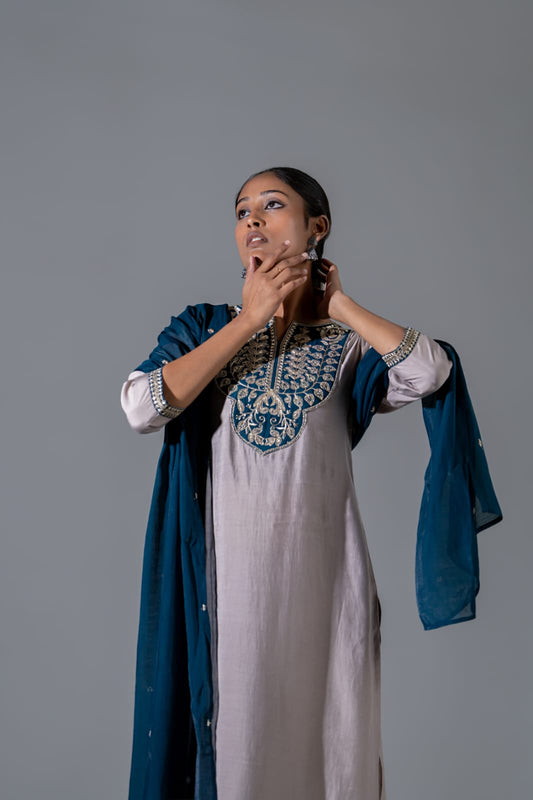 Grey with peacock blue pure muslin three piece set (A611)