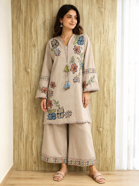 Cambric cotton fully thread work two piece cordset (B974)