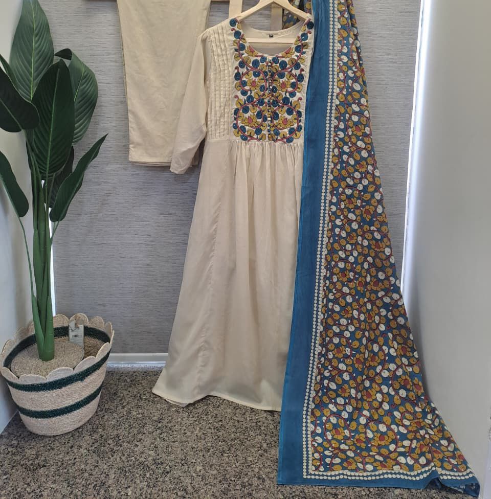 Mul cotton kalamkari dupatta three piece set (A1576)