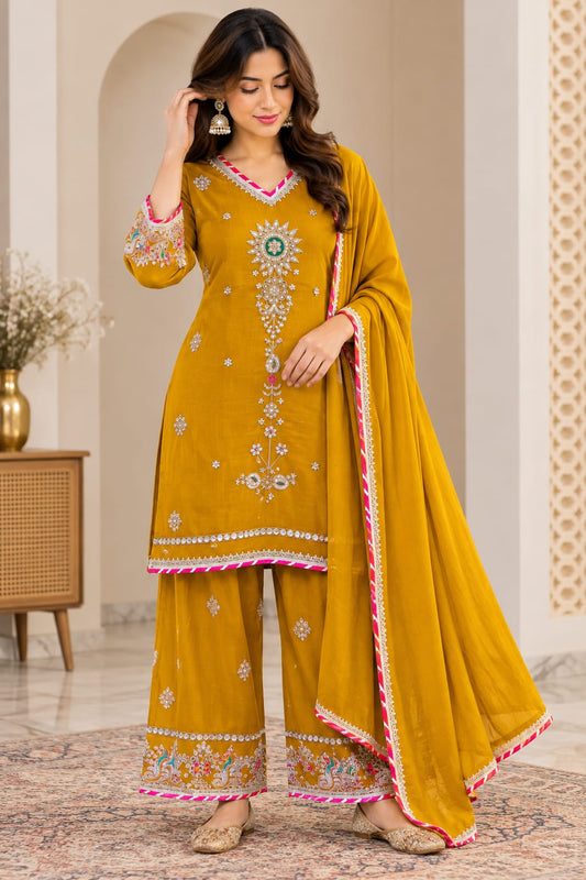 Mustred colour Pure mul chanderi with farshi salwar three piece set (S432)