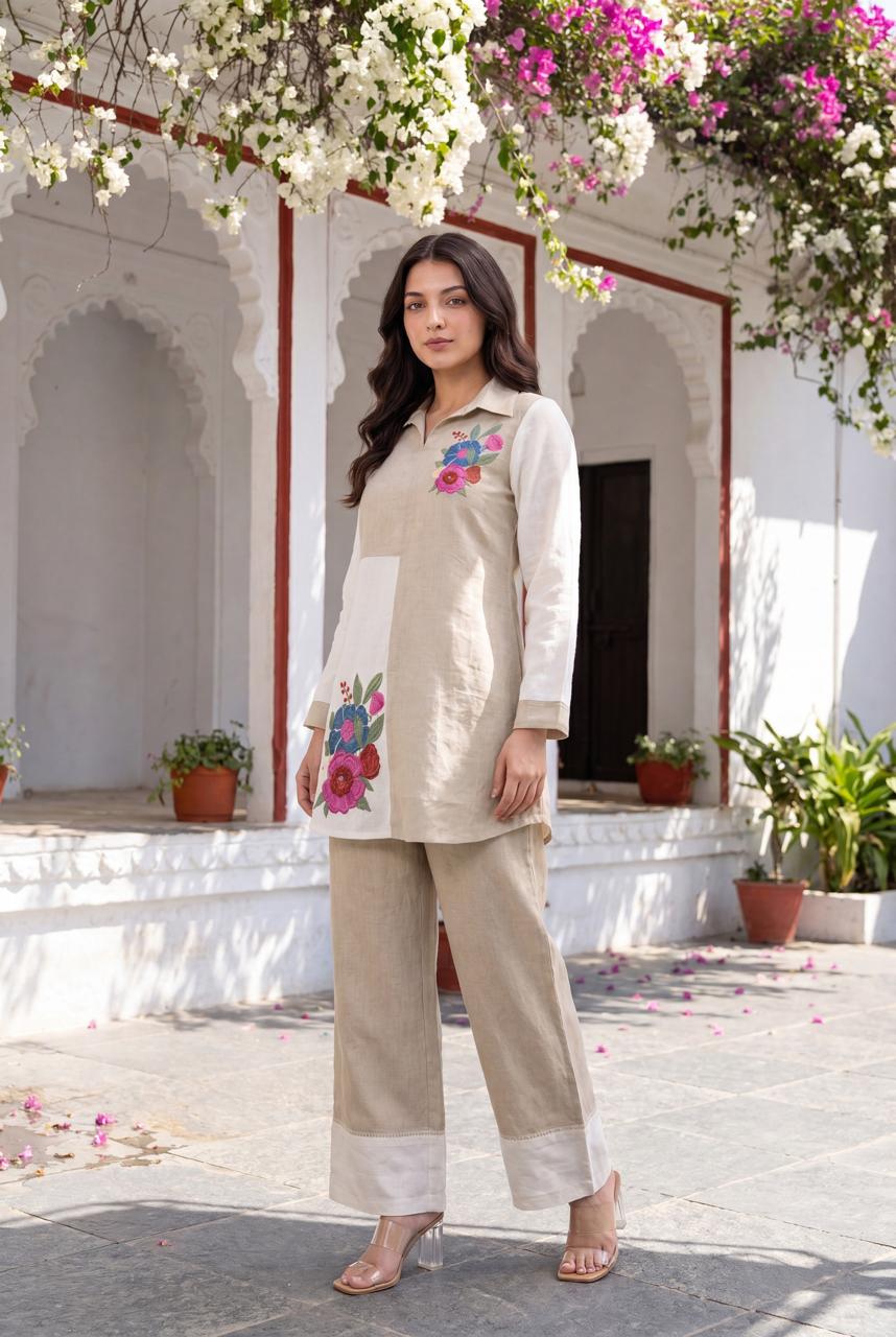 Cotton linen with lining crochet flower very elegant two piece cordset (S152)